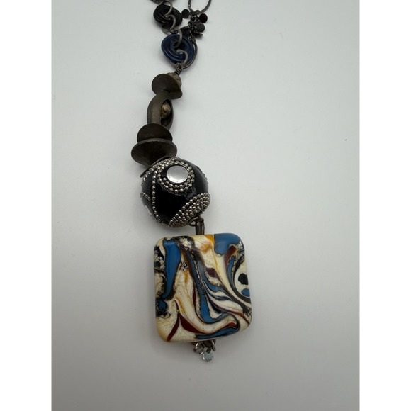 Landra Mixed Media Asymmetrical Statement Necklace Marbled Pendant Magnetic 26in - Picture 2 of 6
